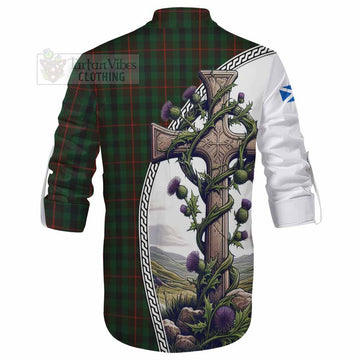 Tartan Vibes Clothing Tennant Tartan Ghillie Kilt Shirt with Family Crest and St. Andrew's Cross Accented by Thistle Vines