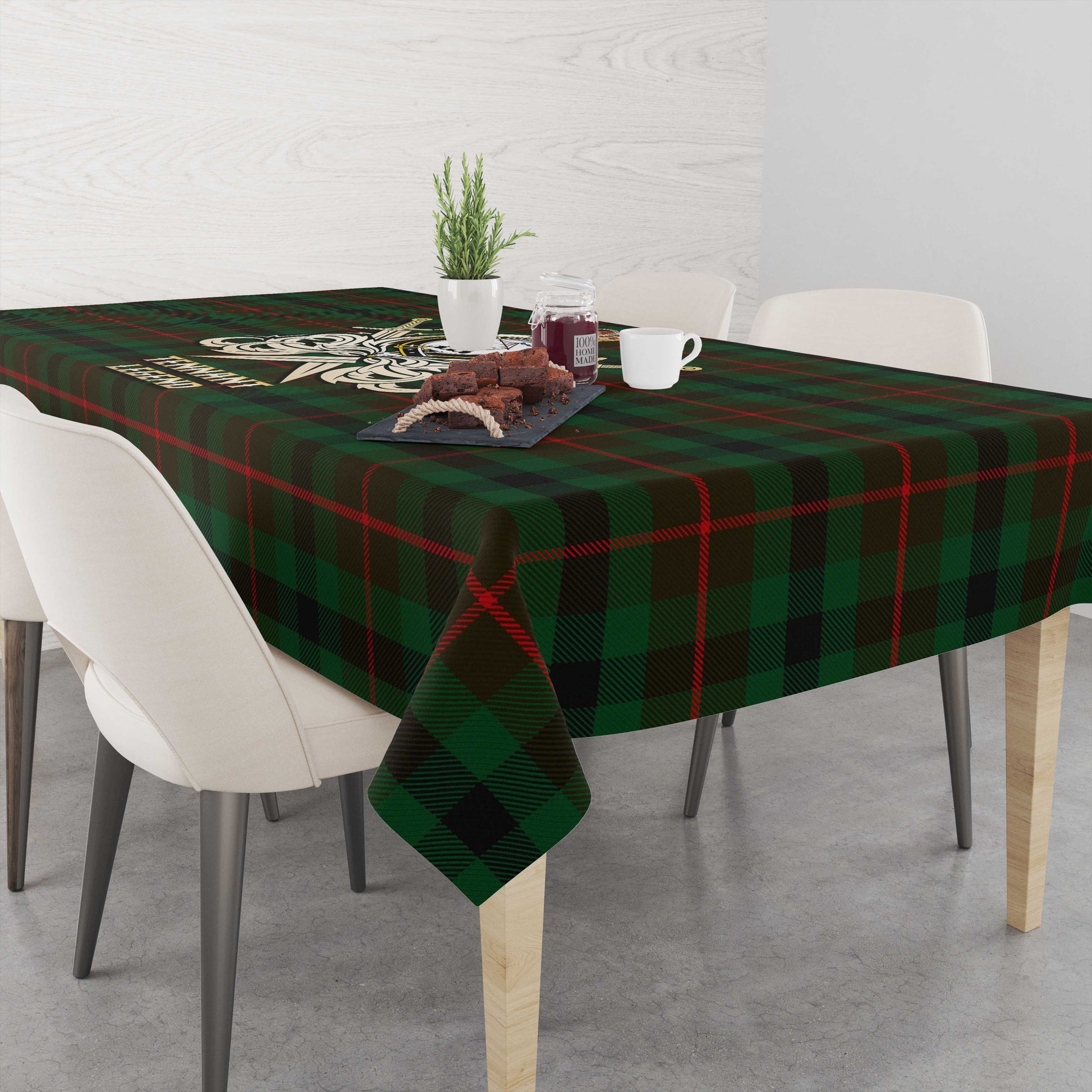 Tartan Vibes Clothing Tennant Tartan Tablecloth with Clan Crest and the Golden Sword of Courageous Legacy