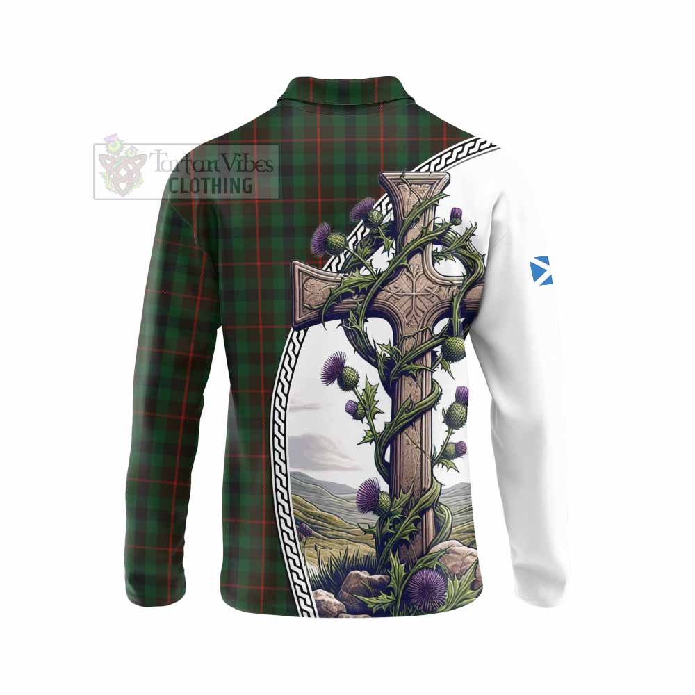 Tartan Vibes Clothing Tennant Tartan Long Sleeve Polo Shirt with Family Crest and St. Andrew's Cross Accented by Thistle Vines