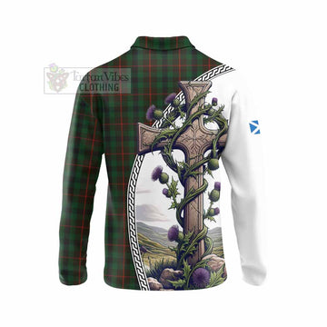 Tartan Vibes Clothing Tennant Tartan Long Sleeve Polo Shirt with Family Crest and St. Andrew's Cross Accented by Thistle Vines