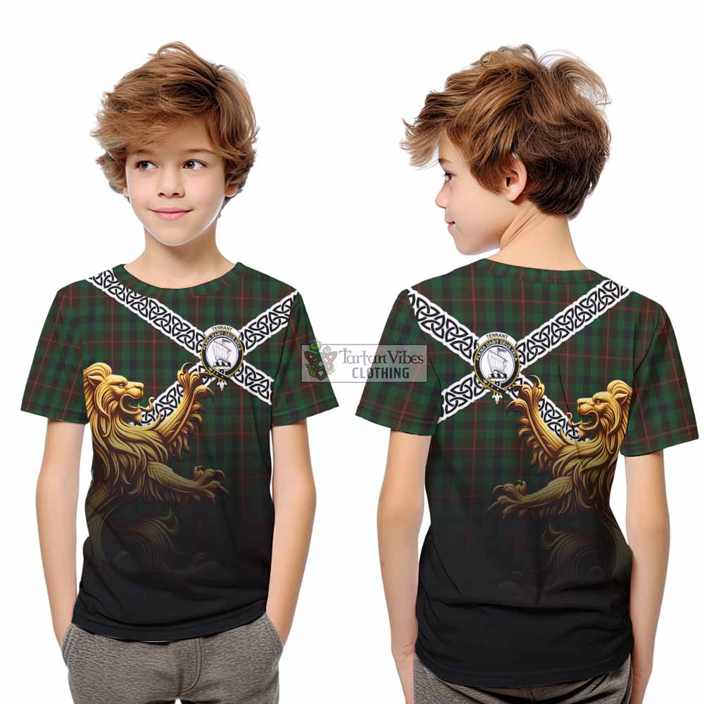 Tennant Crest Tartan Kid T-Shirt with Golden Lion Emblem Celtic Style - Tartan Vibes Clothing