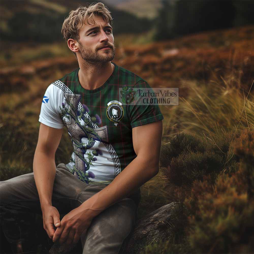 Tartan Vibes Clothing Tennant Agnew Tartan T-Shirt with Family Crest and St. Andrew's Cross Accented by Thistle Vines
