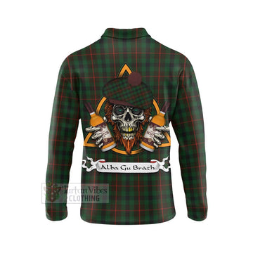 Tennant Tartan Long Sleeve Polo Shirt with Family Crest and Bearded Skull Holding Bottles of Whiskey - Tartan Vibes Clothing