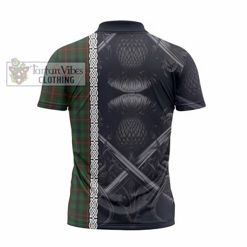 Tennant Tartan Zipper Polo Shirt with Family Crest Cross Sword Thistle Celtic Vibes - Tartan Vibes Clothing