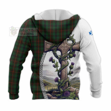 Tartan Vibes Clothing Tennant Tartan Knitted Hoodie with Family Crest and St. Andrew's Cross Accented by Thistle Vines
