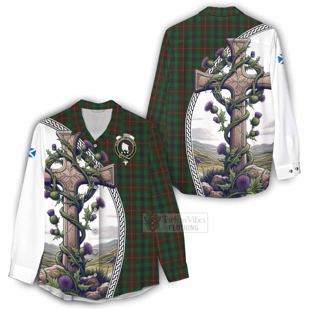 Tartan Vibes Clothing Tennant Tartan Women's Casual Shirt with Family Crest and St. Andrew's Cross Accented by Thistle Vines
