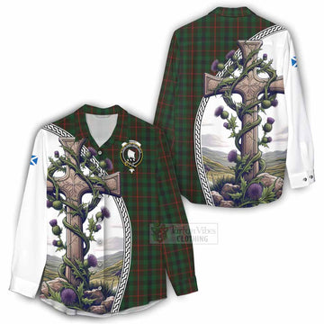Tartan Vibes Clothing Tennant Tartan Women's Casual Shirt with Family Crest and St. Andrew's Cross Accented by Thistle Vines