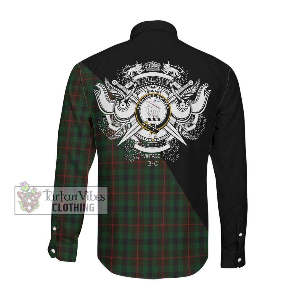 Tennant Tartan Long Sleeve Button Shirt with Family Crest and Military Logo Style Men's Shirt - Tartanvibesclothing Shop