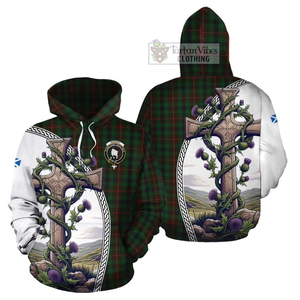 Tartan Vibes Clothing Tennant Tartan Cotton Hoodie with Family Crest and St. Andrew's Cross Accented by Thistle Vines