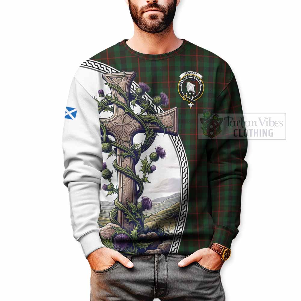 Tartan Vibes Clothing Tennant Tartan Sweatshirt with Family Crest and St. Andrew's Cross Accented by Thistle Vines