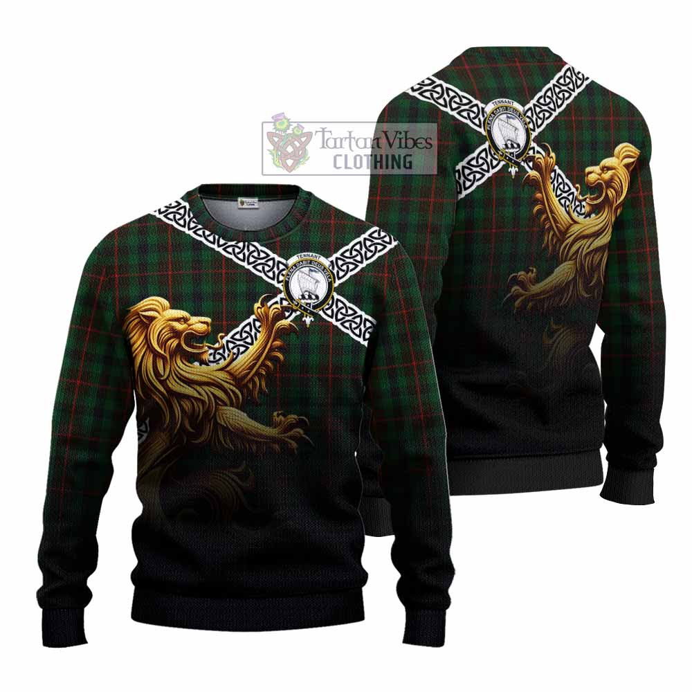 Tennant Crest Tartan Knitted Sweater with Golden Lion Emblem Celtic Style - Tartan Vibes Clothing