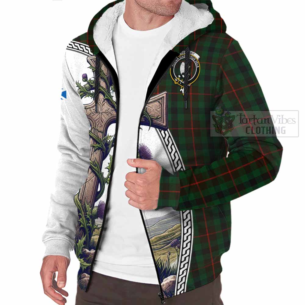Tartan Vibes Clothing Tennant Tartan Sherpa Hoodie with Family Crest and St. Andrew's Cross Accented by Thistle Vines