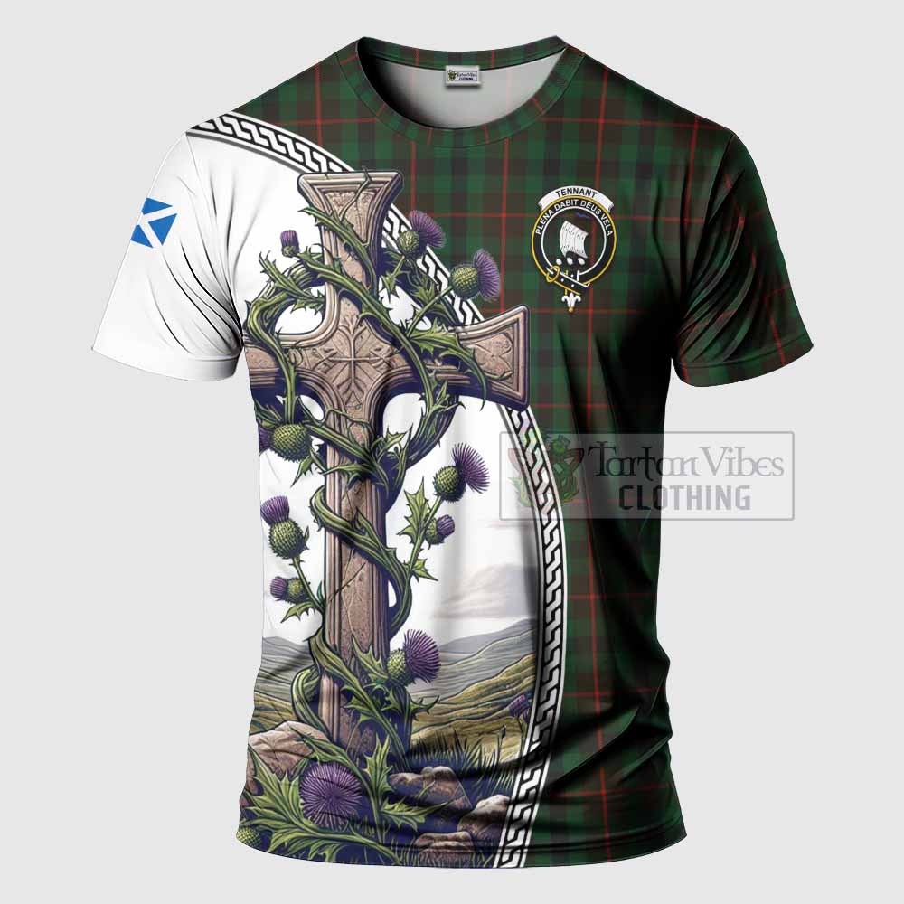 Tartan Vibes Clothing Tennant Agnew Tartan T-Shirt with Family Crest and St. Andrew's Cross Accented by Thistle Vines