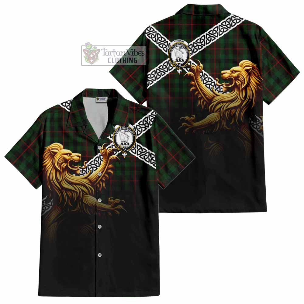 Tennant Crest Tartan Hawaiian Shirt with Golden Lion Emblem Celtic Style - Tartan Vibes Clothing