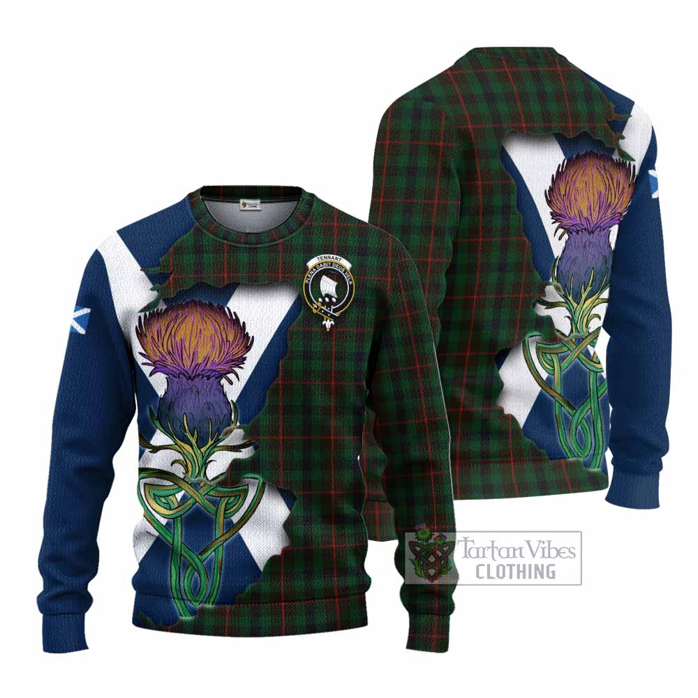 Tartan Vibes Clothing Tennant Tartan Family Crest Knitted Sweater Scottish Thistle Celtic Inspired