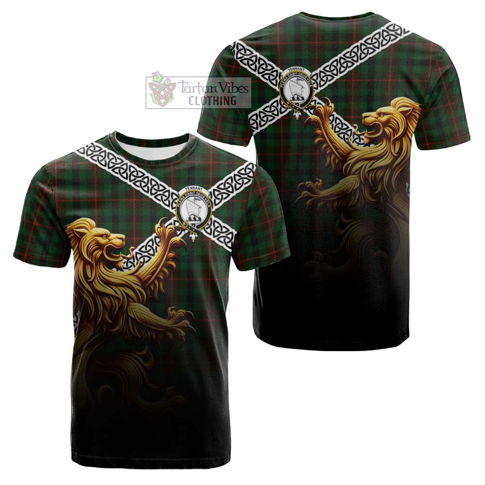Tartan Vibes Clothing Tennant Crest Tartan Cotton T-shirt with Golden Lion Emblem Celtic Style