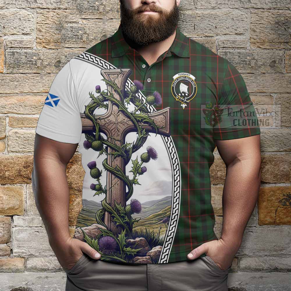 Tartan Vibes Clothing Tennant Tartan Polo Shirt with Family Crest and St. Andrew's Cross Accented by Thistle Vines