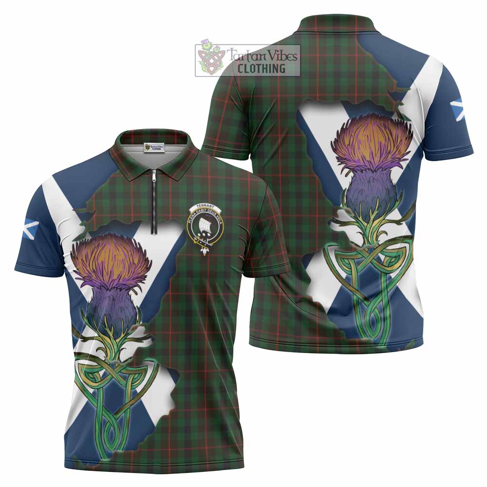 Tartan Vibes Clothing Tennant Tartan Family Crest Zipper Polo Shirt Scottish Thistle Celtic Inspired