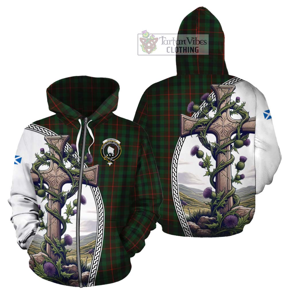 Tartan Vibes Clothing Tennant Tartan Cotton Hoodie with Family Crest and St. Andrew's Cross Accented by Thistle Vines