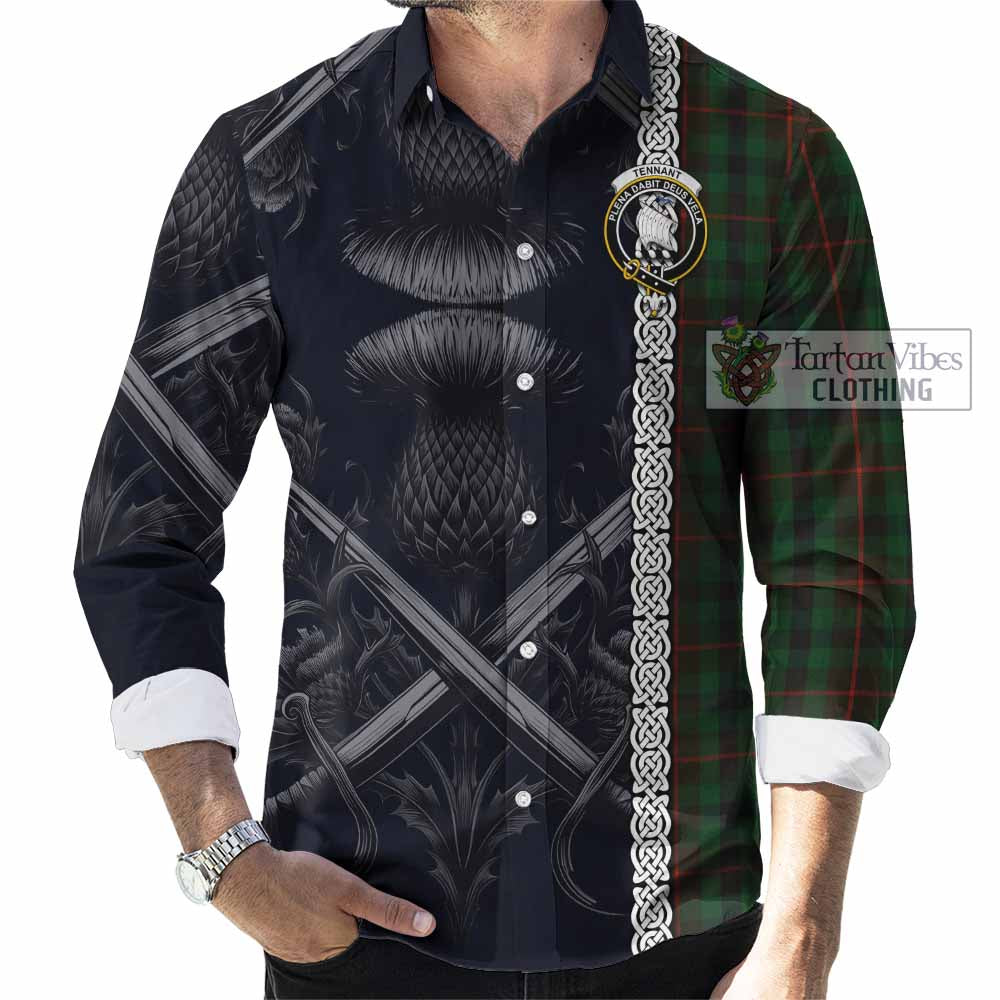 Tartan Vibes Clothing Tennant Tartan Long Sleeve Button Shirt with Family Crest Cross Sword Thistle Celtic Vibes