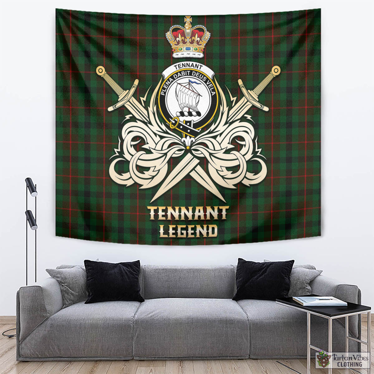 Tartan Vibes Clothing Tennant Tartan Tapestry with Clan Crest and the Golden Sword of Courageous Legacy