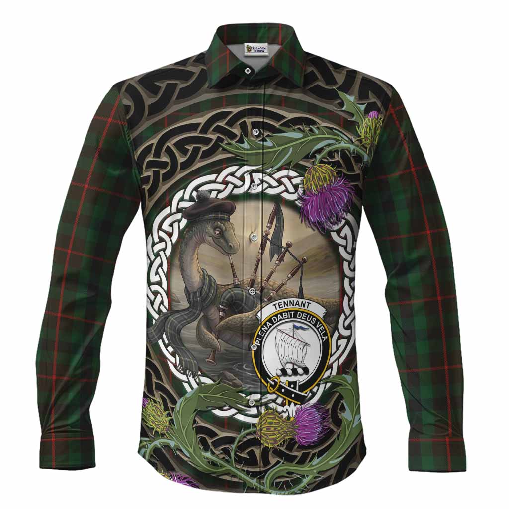 Tennant Tartan Crest Bagpipe Nessie Long Sleeve Button Shirts Scottish Loch Ness Monster Celtic Thistle