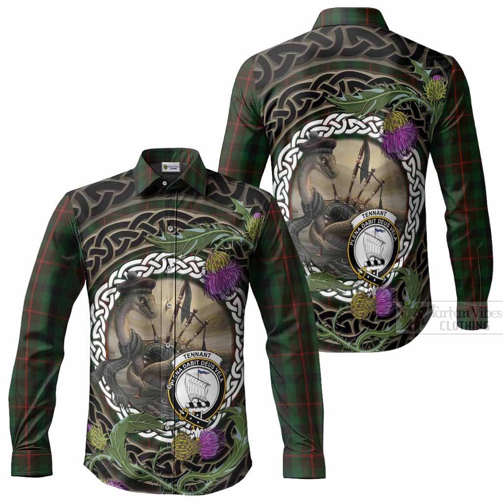 Tennant Tartan Crest Bagpipe Nessie Long Sleeve Button Shirts Scottish Loch Ness Monster Celtic Thistle