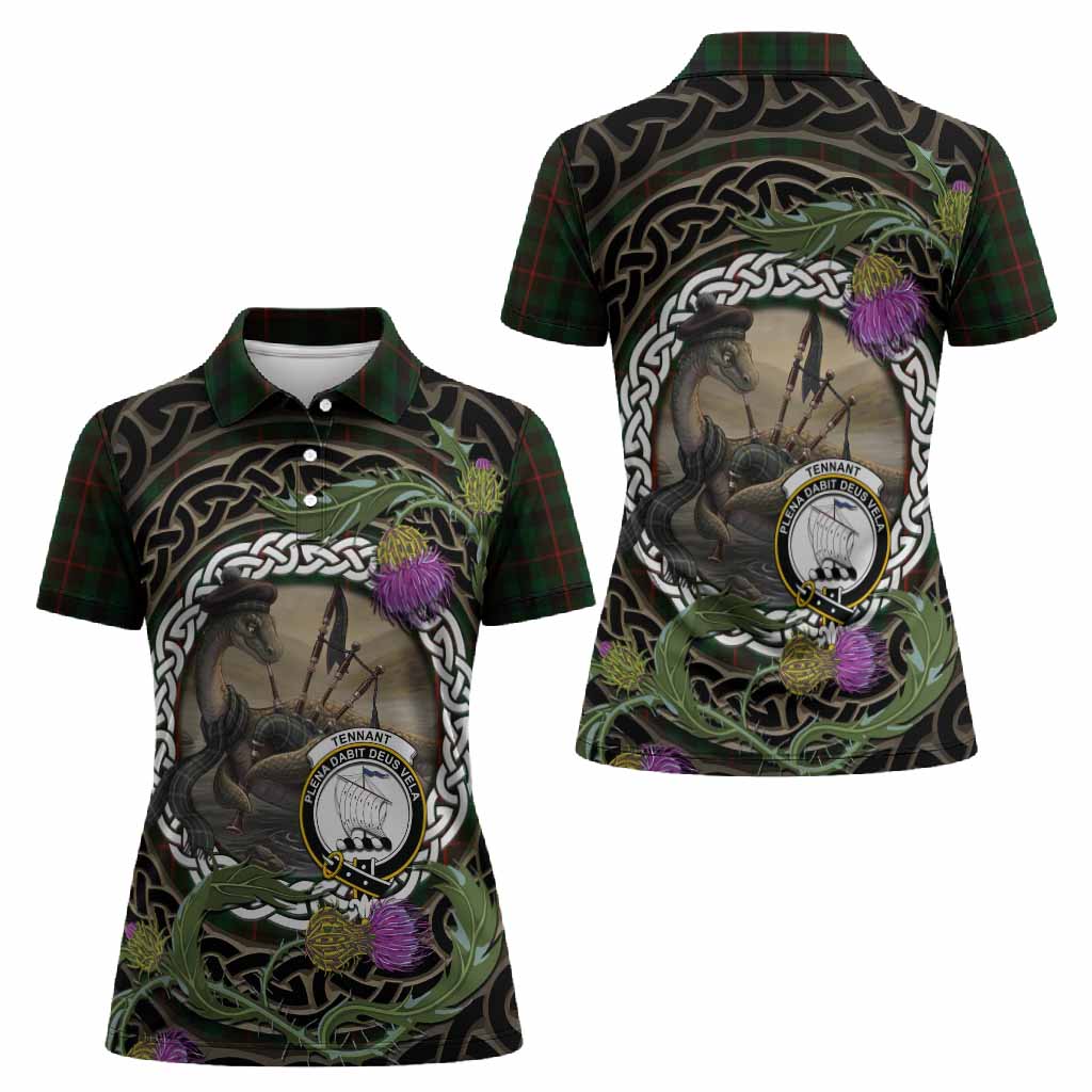 Tennant Tartan Crest Bagpipe Nessie Women Polo Shirt Scottish Loch Ness Monster Celtic Thistle
