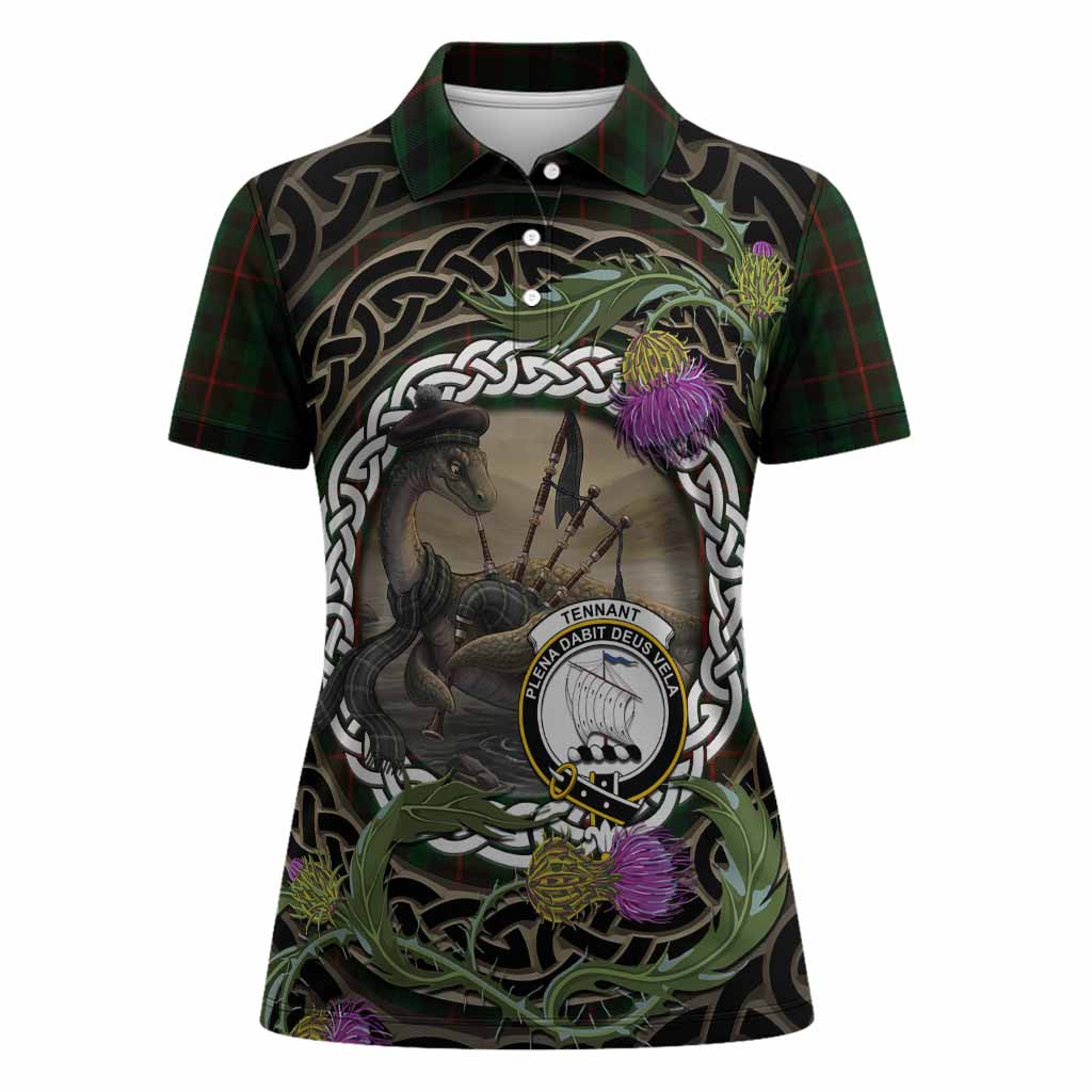 Tennant Tartan Crest Bagpipe Nessie Women Polo Shirt Scottish Loch Ness Monster Celtic Thistle