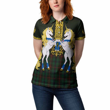 Tennant Tartan Women Polo Shirt Unicorn Celtic Knot And Thistle Emblem