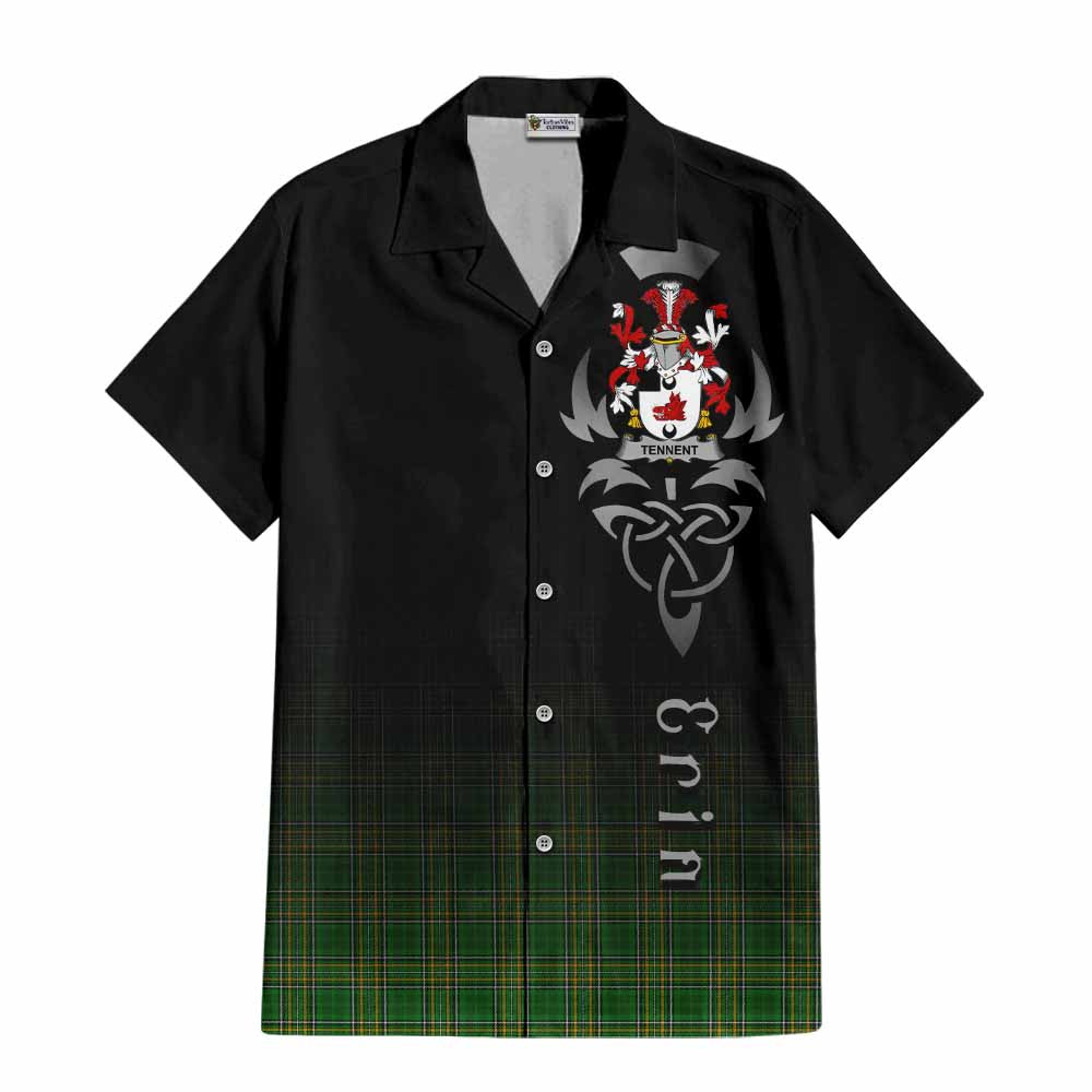 Tartan Vibes Clothing Tennent Irish Clan Short Sleeve Button Shirt with Coat of Arms Erin Go Bragh Celtic Inspired