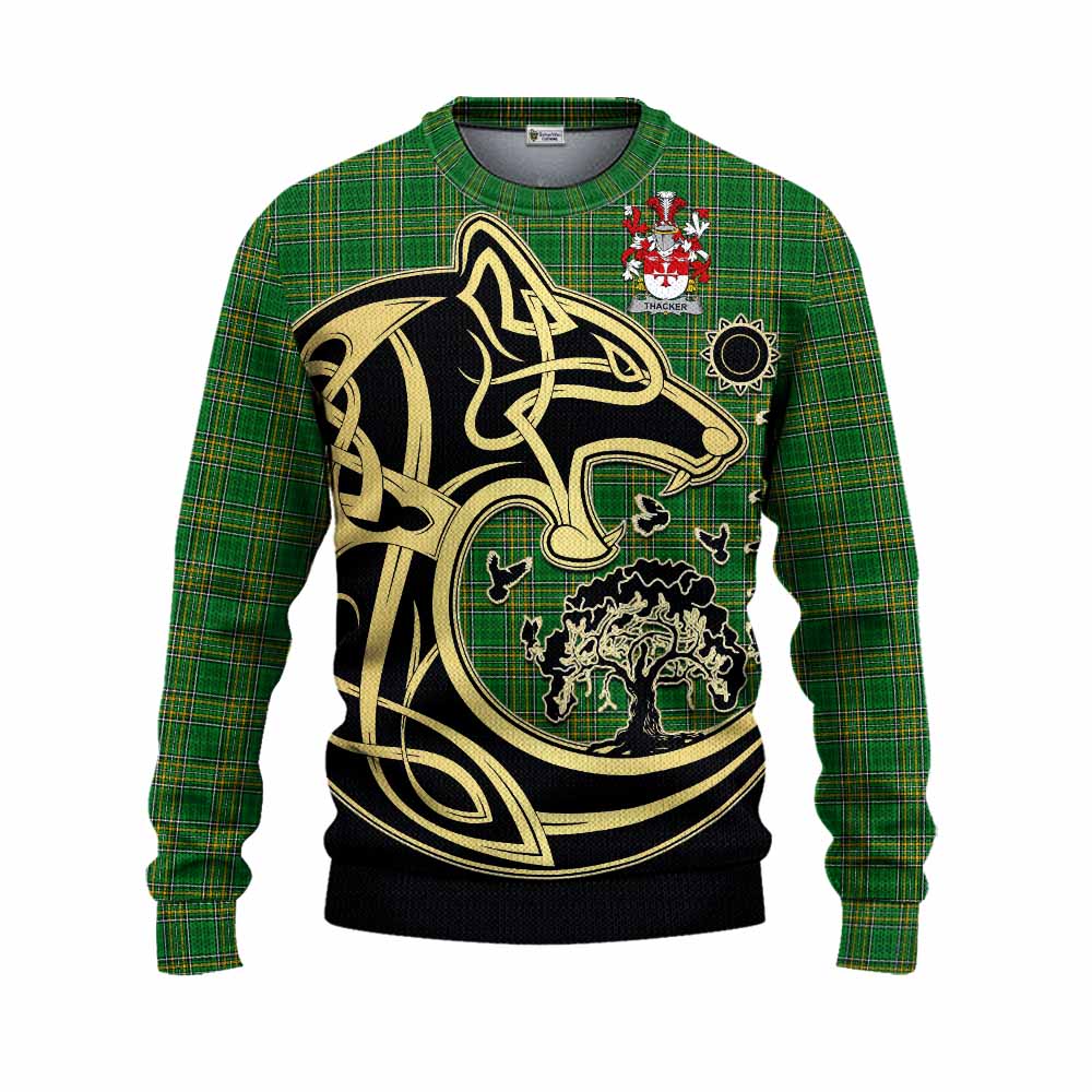 Thacker Irish Tartan Knitted Sweater with Coat of Arms Celtic Wolf Style Unisex - Tartan Vibes Clothing