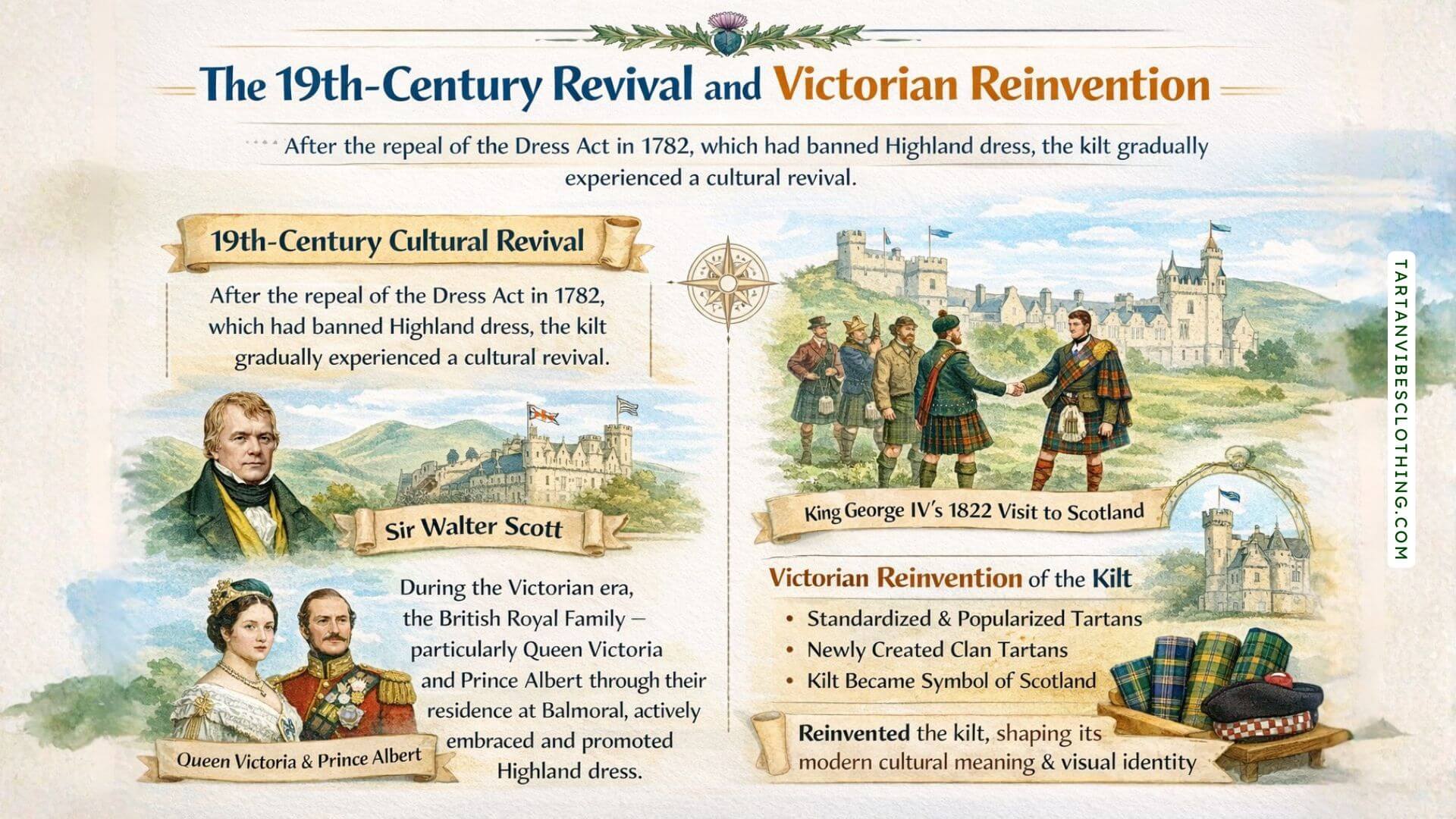19th-century kilt revival infographic showing Victorian reinvention, tartans, and Scottish cultural identity