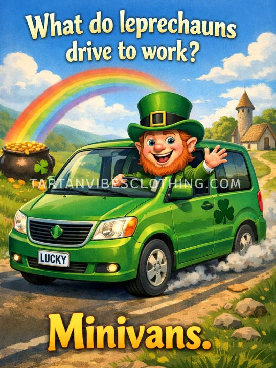 Funny St. Patrick’s Day leprechaun joke with green minivan and rainbow illustration.