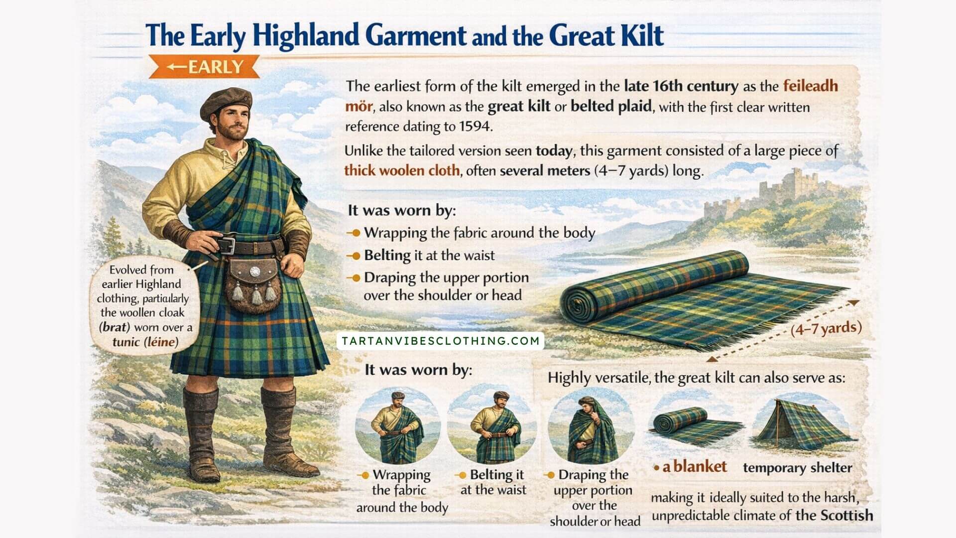 Great kilt history infographic showing early Highland garment feileadh mòr and how it was worn