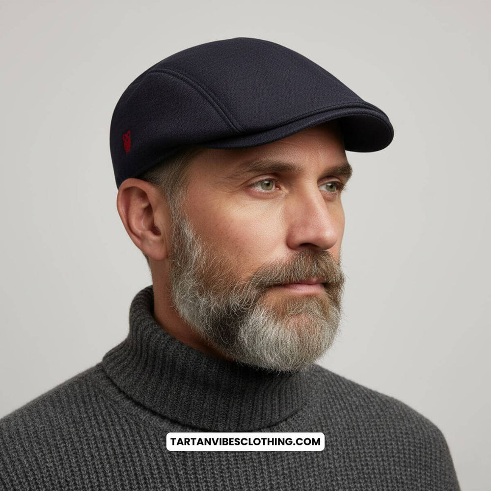 Man wearing a navy blue newsboy cap with a modern streamlined design