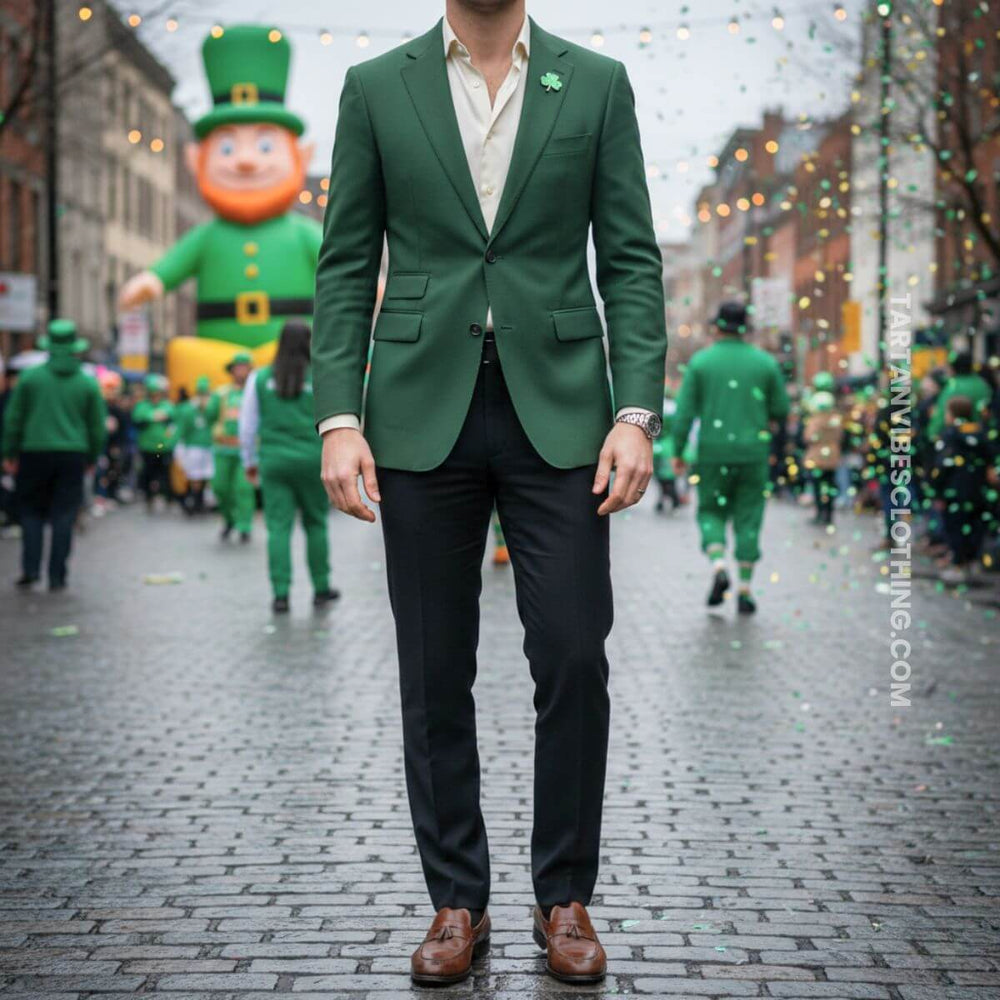 Men’s St. Patrick’s Day office outfit with green blazer and black trousers