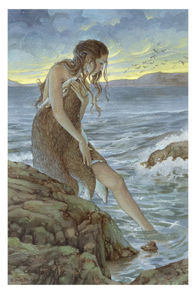 Illustration of a selkie from Scottish folklore transforming between seal and human