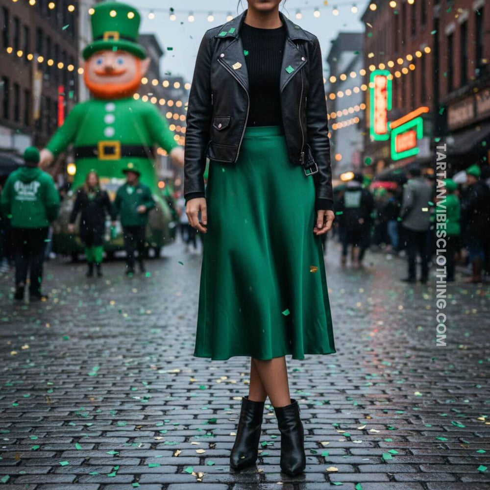 Women’s St. Patrick’s Day outfit with green midi skirt and black leather jacket