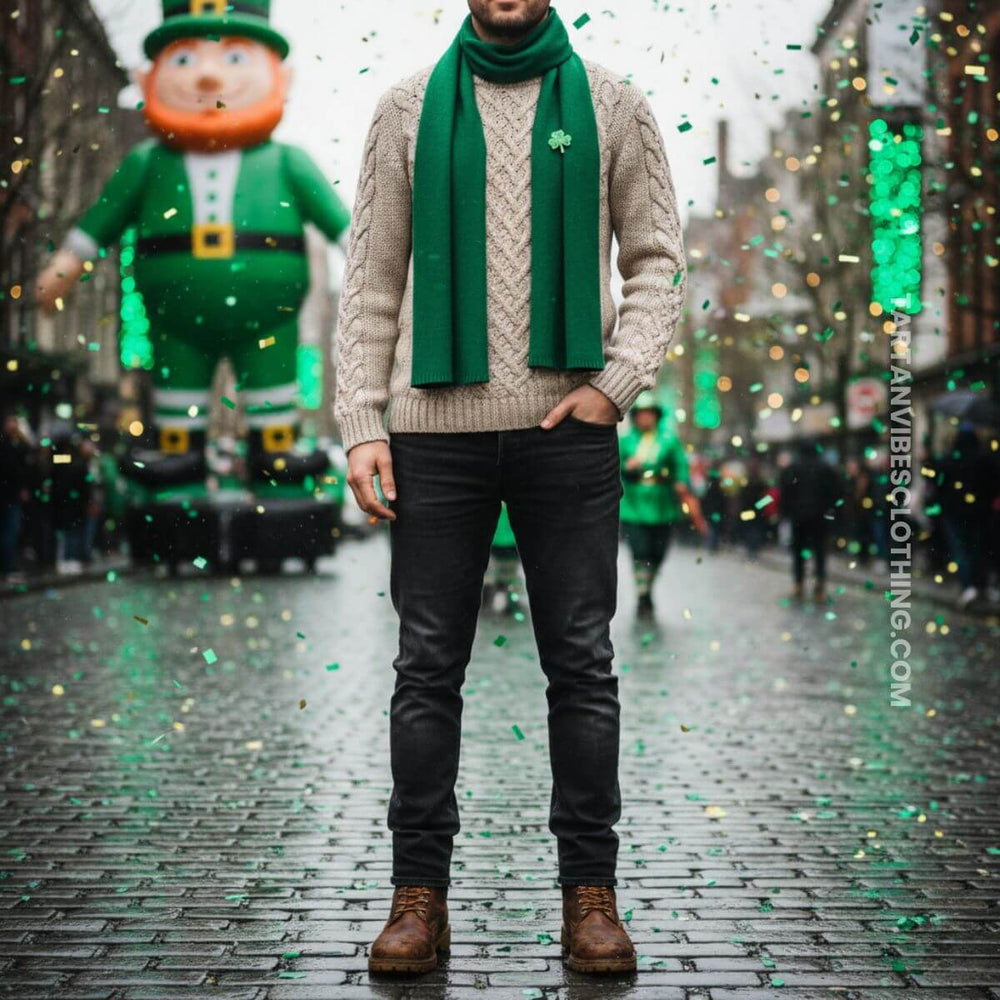 Men’s St. Patrick’s Day outfit with cable knit sweater and green scarf