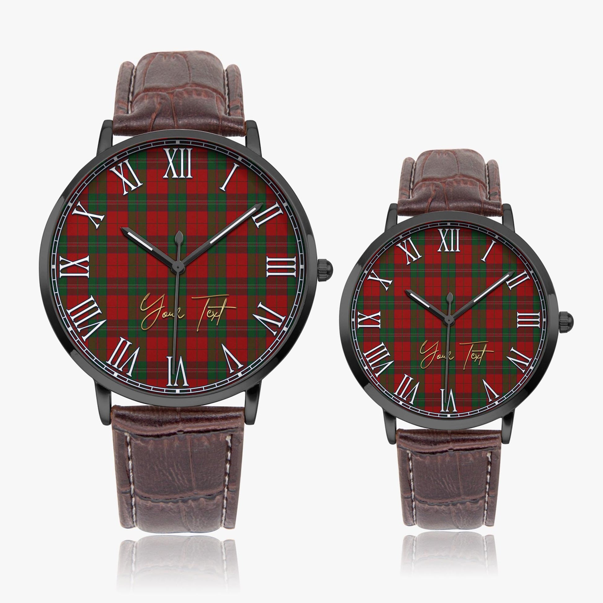 Thomas of Wales Tartan Personalized Your Text Leather Trap Quartz Watch Ultra Thin Black Case With Brown Leather Strap - Tartanvibesclothing Shop