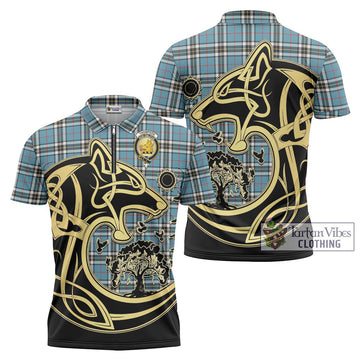 Thompson Tartan Zipper Polo Shirt with Family Crest Celtic Wolf Style Unisex - Tartanvibesclothing Shop