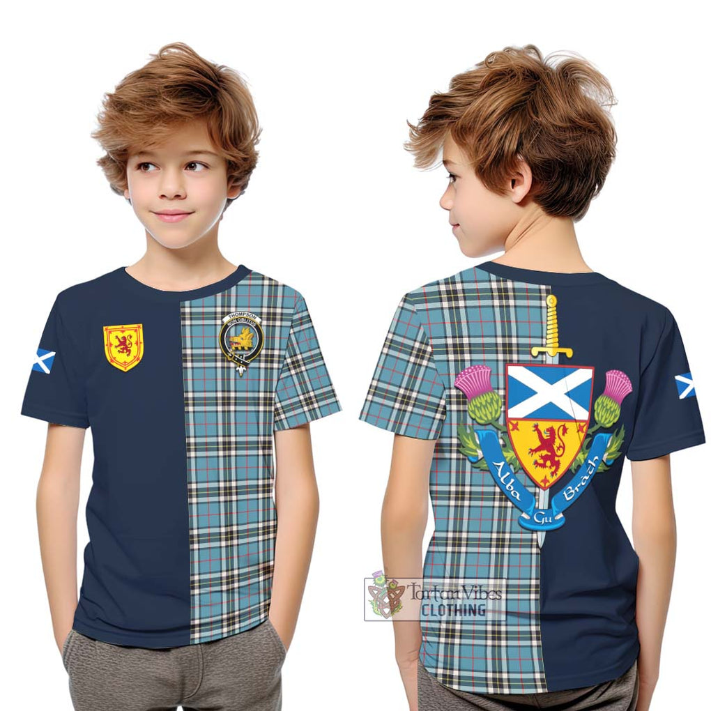 Tartan Vibes Clothing Thompson Tartan Kid T-Shirt with Scottish Lion Royal Arm Half Style