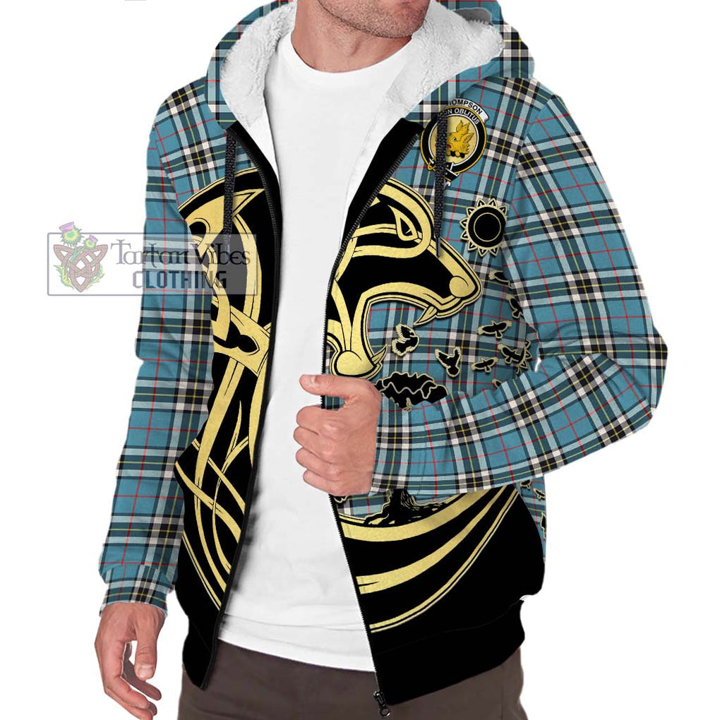 Thompson Tartan Sherpa Hoodie with Family Crest Celtic Wolf Style Unisex S - Tartan Vibes Clothing