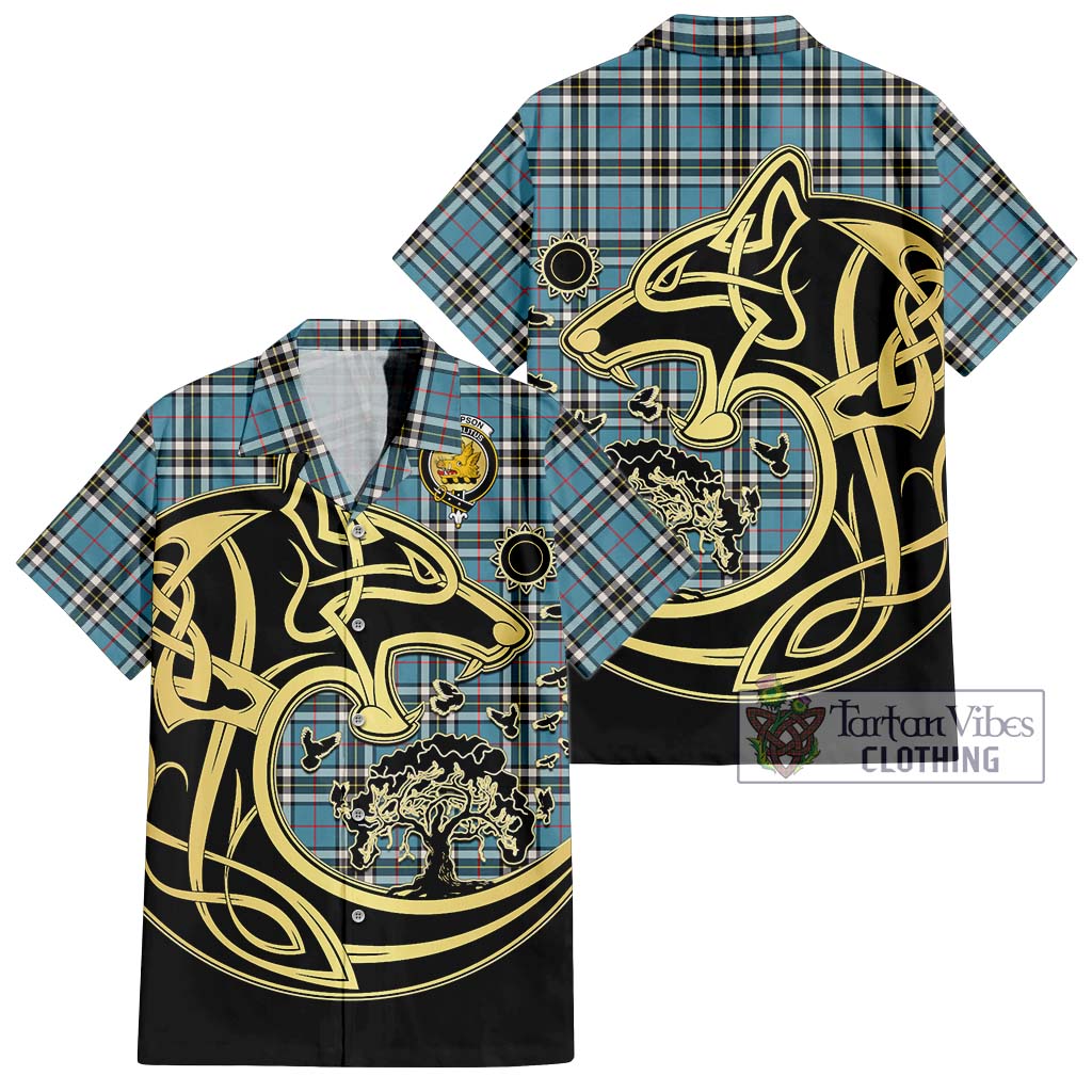 Thompson Tartan Short Sleeve Button Shirt with Family Crest Celtic Wolf Style Kid - Tartan Vibes Clothing