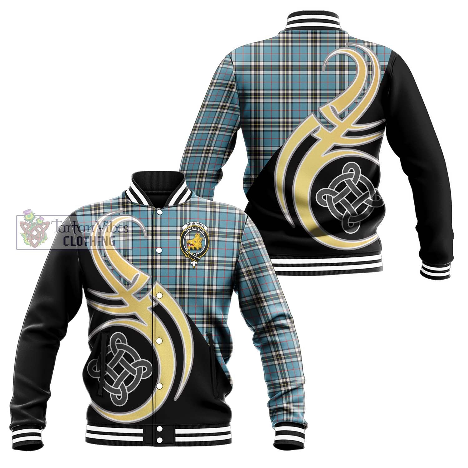 Thompson Tartan Baseball Jacket with Family Crest and Celtic Symbol Style Unisex - Tartan Vibes Clothing