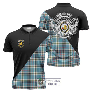 Thompson Tartan Zipper Polo Shirt with Family Crest and Military Logo Style Unisex - Tartanvibesclothing Shop