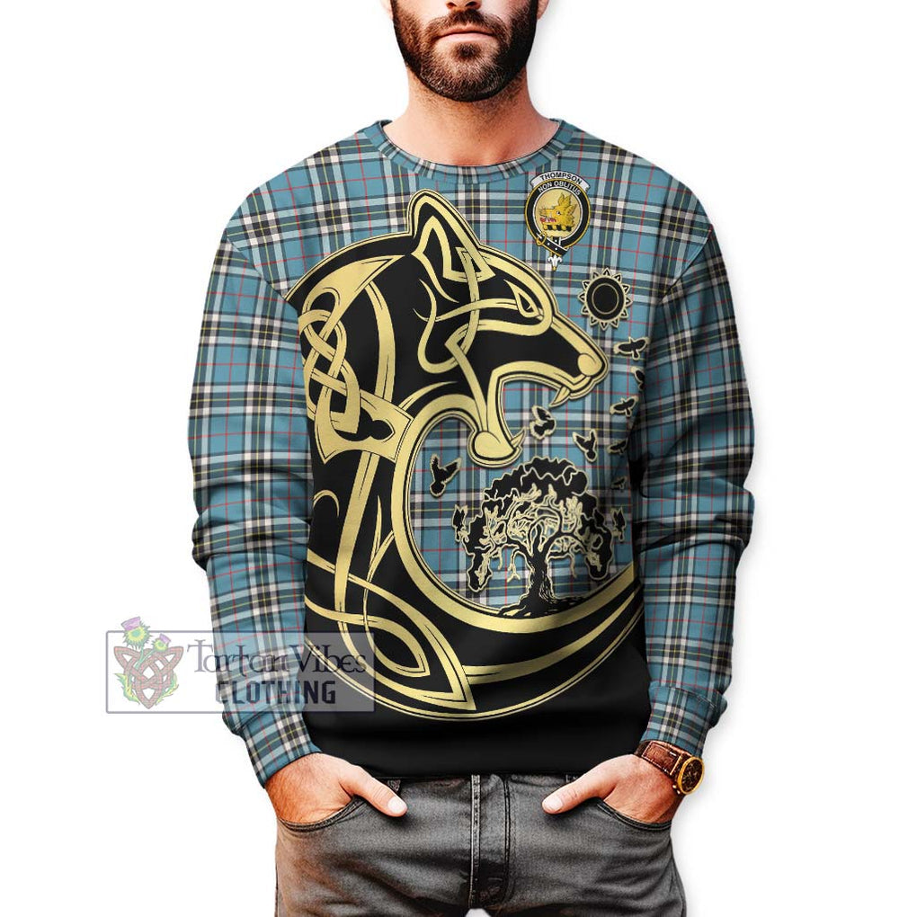 Thompson Tartan Sweatshirt with Family Crest Celtic Wolf Style Unisex - Tartan Vibes Clothing