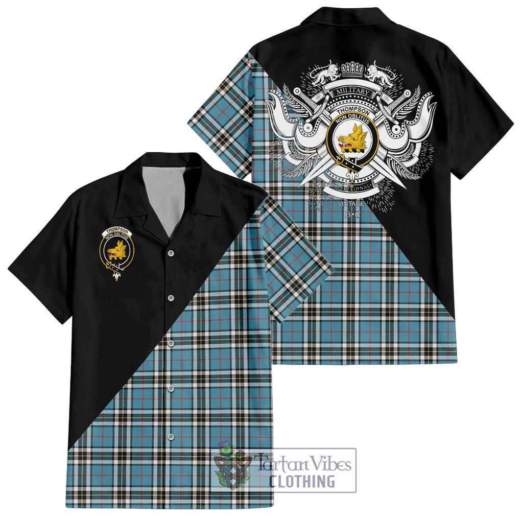 Thompson Tartan Short Sleeve Button Shirt with Family Crest and Military Logo Style Kid - Tartanvibesclothing Shop