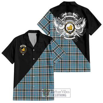 Thompson Tartan Short Sleeve Button Shirt with Family Crest and Military Logo Style Kid - Tartanvibesclothing Shop